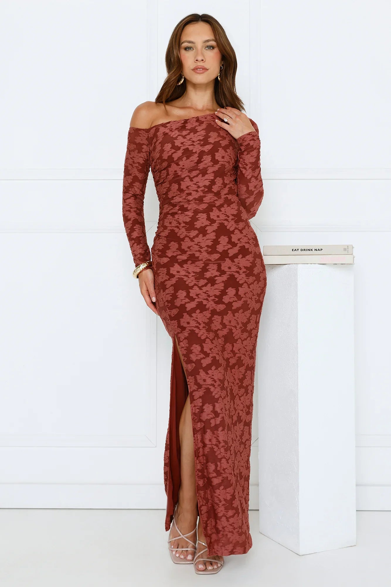 Aurora Lullaby Off Shoulder Maxi Dress Rust