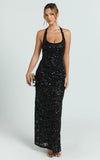 Benny Maxi Dress Halter Neck Backless Bodycon Dress in Black