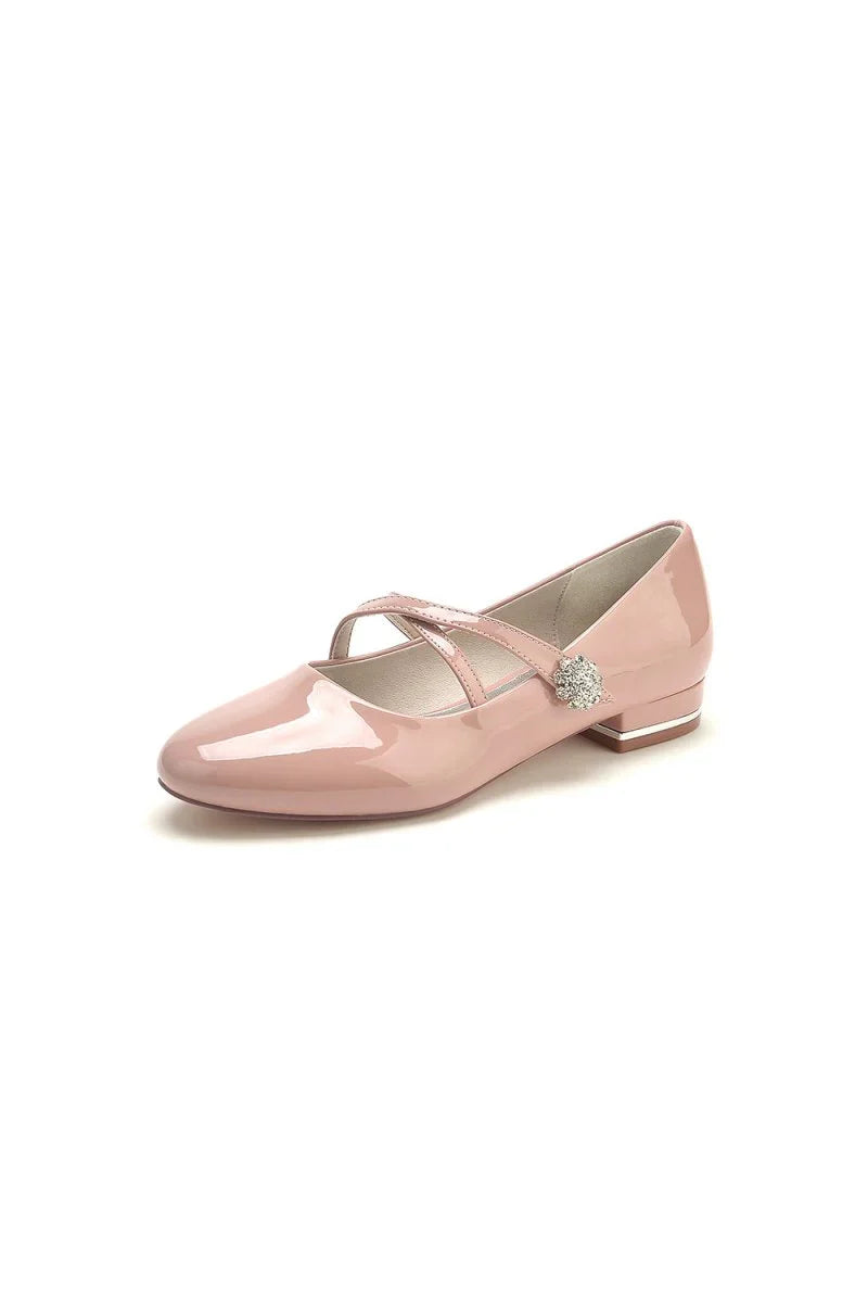 Beaded Pointed Toe Strap Buckle Patent Leather Low Heels
