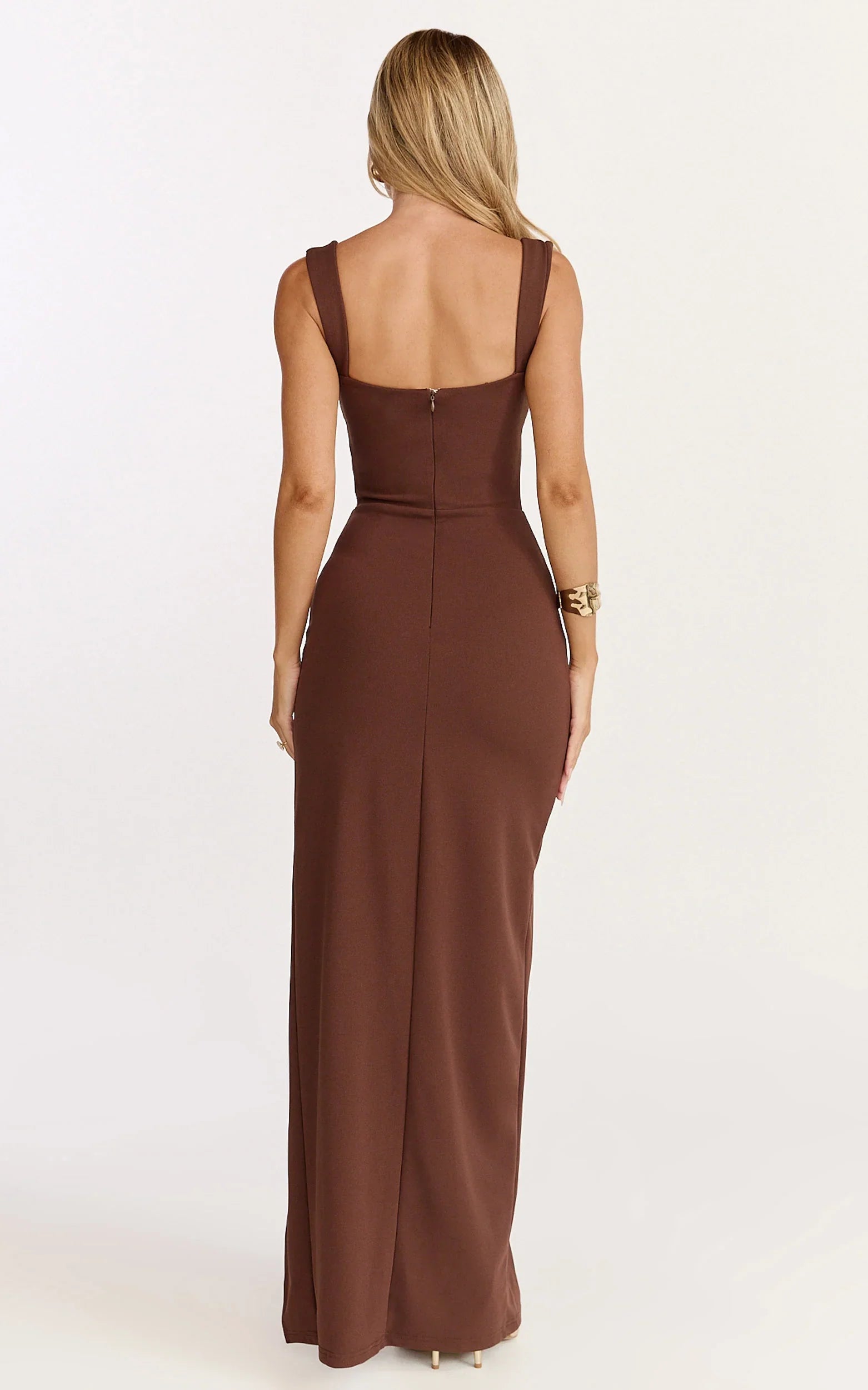 Donna Maxi Dress Cowl Neck Column High Split Dress in Chocolate