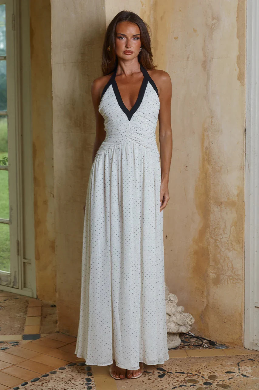 CAROLINA HALTER RUCHED MAXI DRESS IVORY BLACK POLKA