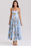 blue vintage rose print cotton midi sundress