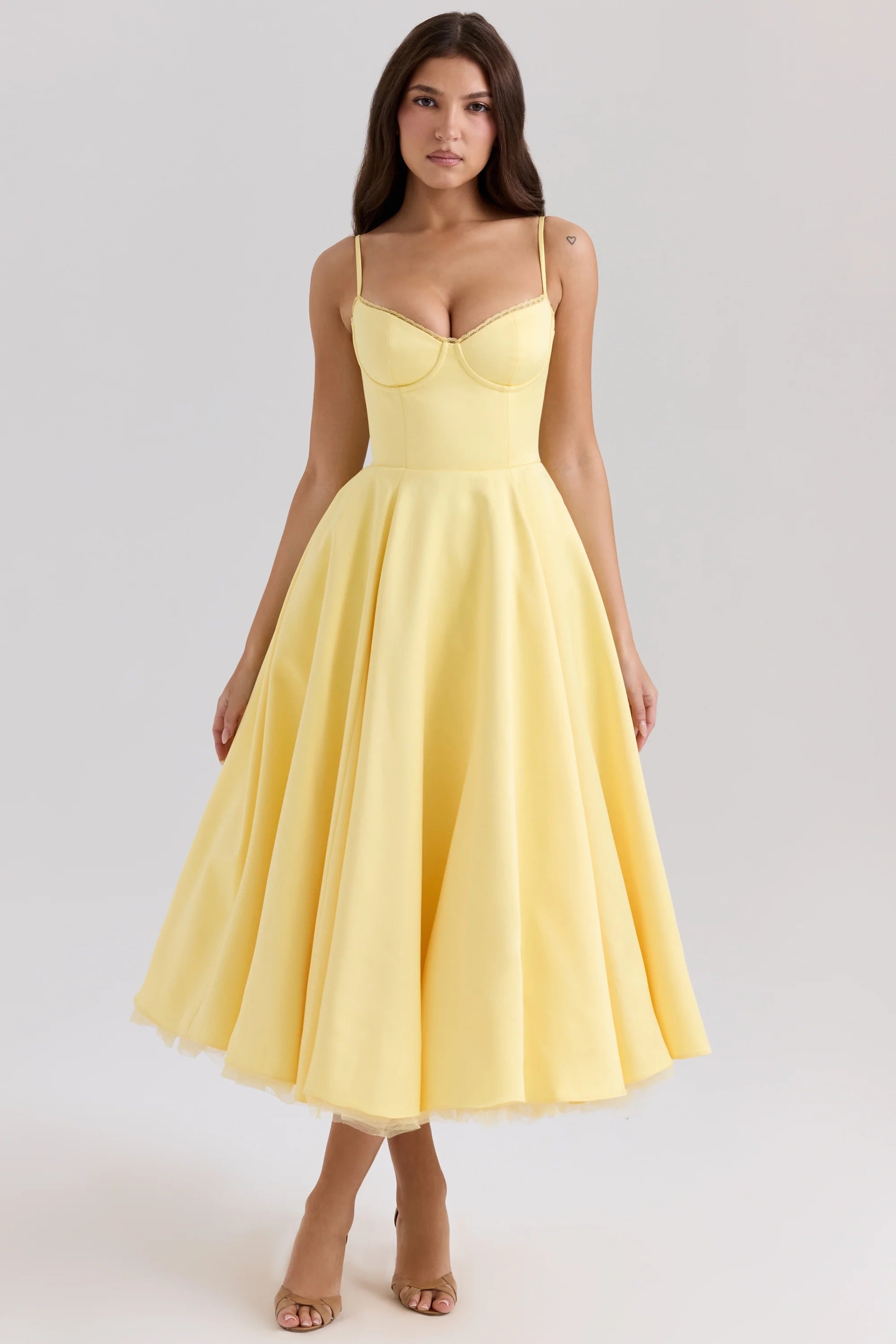 sunshine yellow satin tulle midi dress