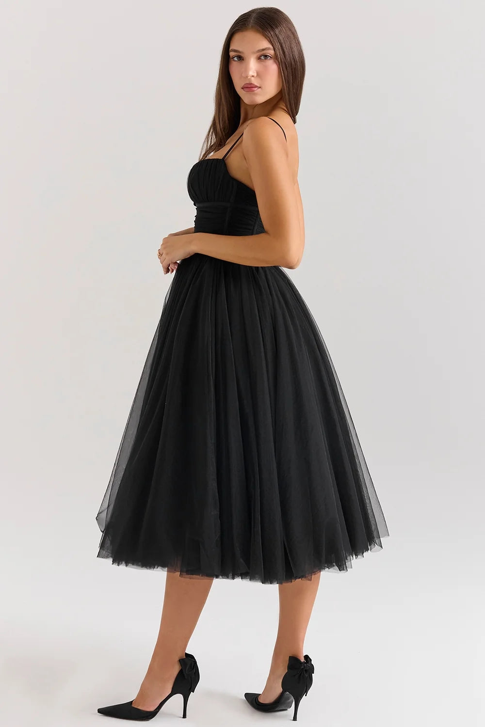 black tulle ruched bodice midi dress sale