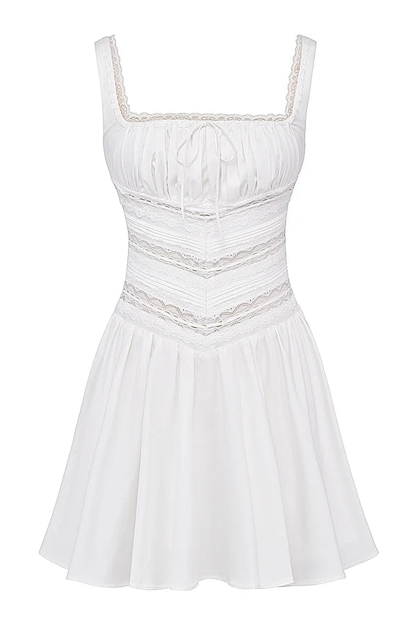 white lace trim mini dress