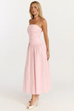 Louisa Maxi Dress Strapless Side Ruched Dropped Waist Fit And Flare Dress in Pink