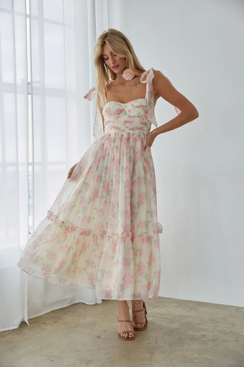 Celine Floral Tie Strap Maxi Dress