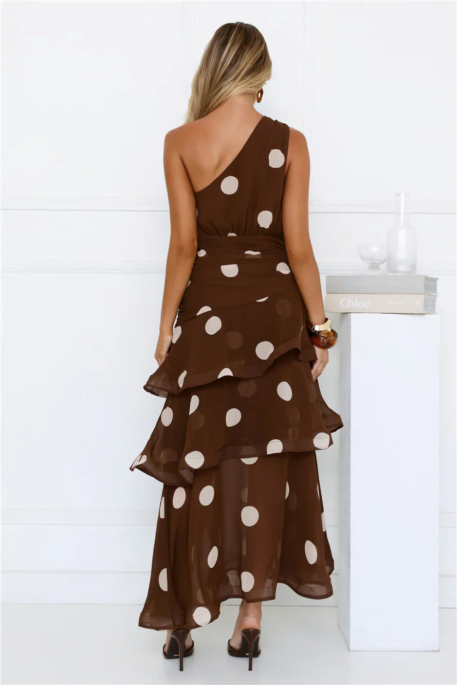 Shes Trendy One Shoulder Polka Dot Maxi Dress Brown