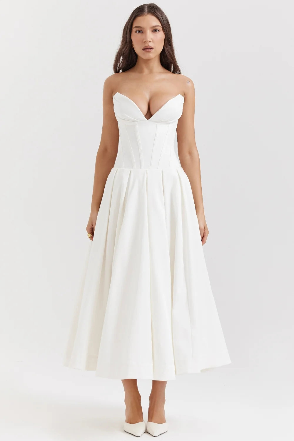 white strapless midi dress
