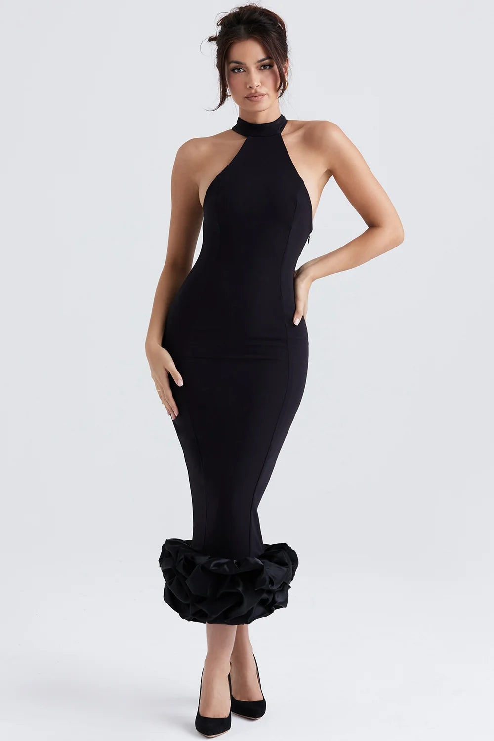 black peplum midi dress