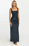 Rumi Midi Dress Rushed Bodiest Satin Dress in Navy