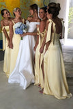 Sheath Straps Yellow Satin Long Bridesmaid Dresses with Slit