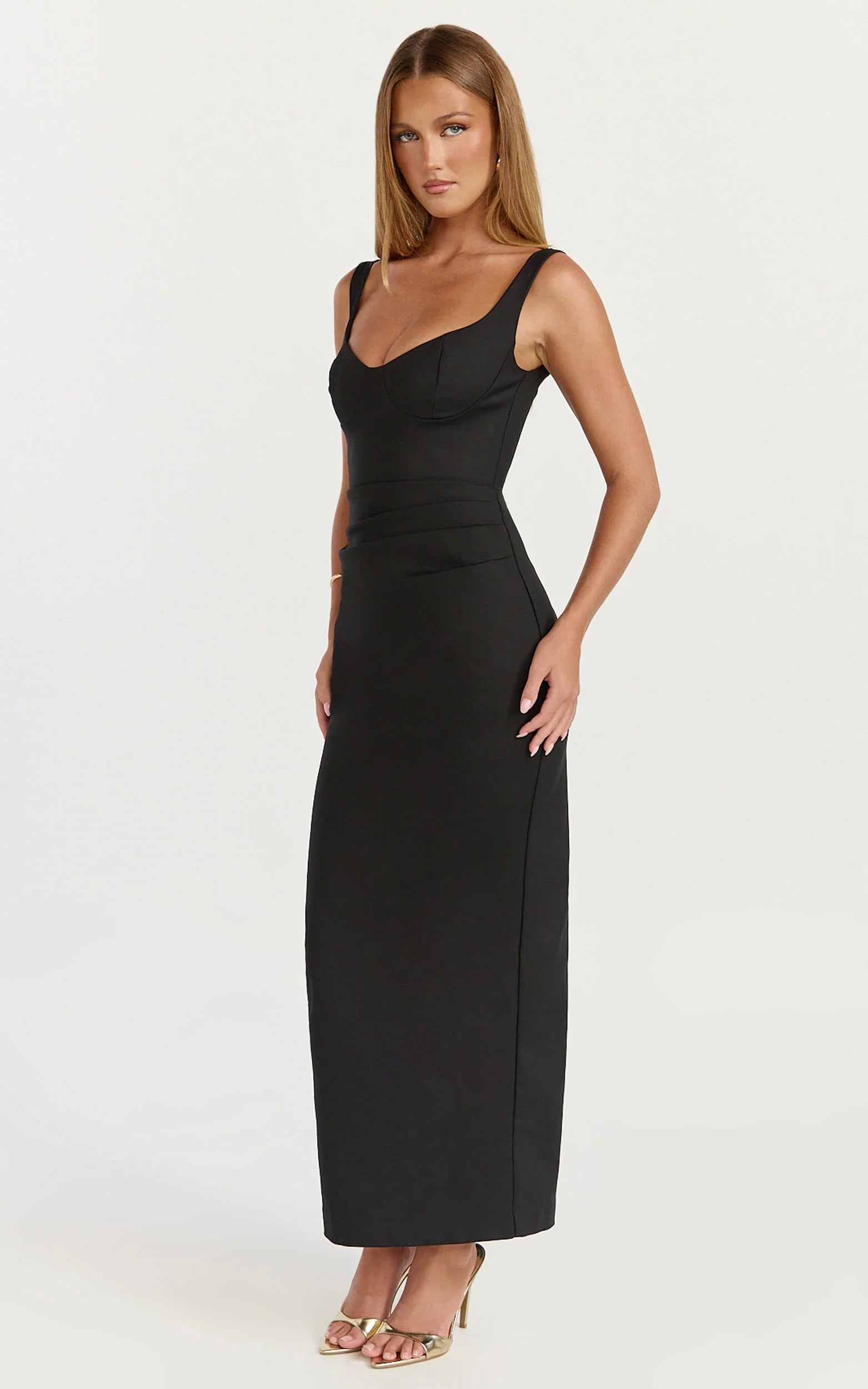 Pietra Midi Dress Off Shoulder Structured Dress in Black