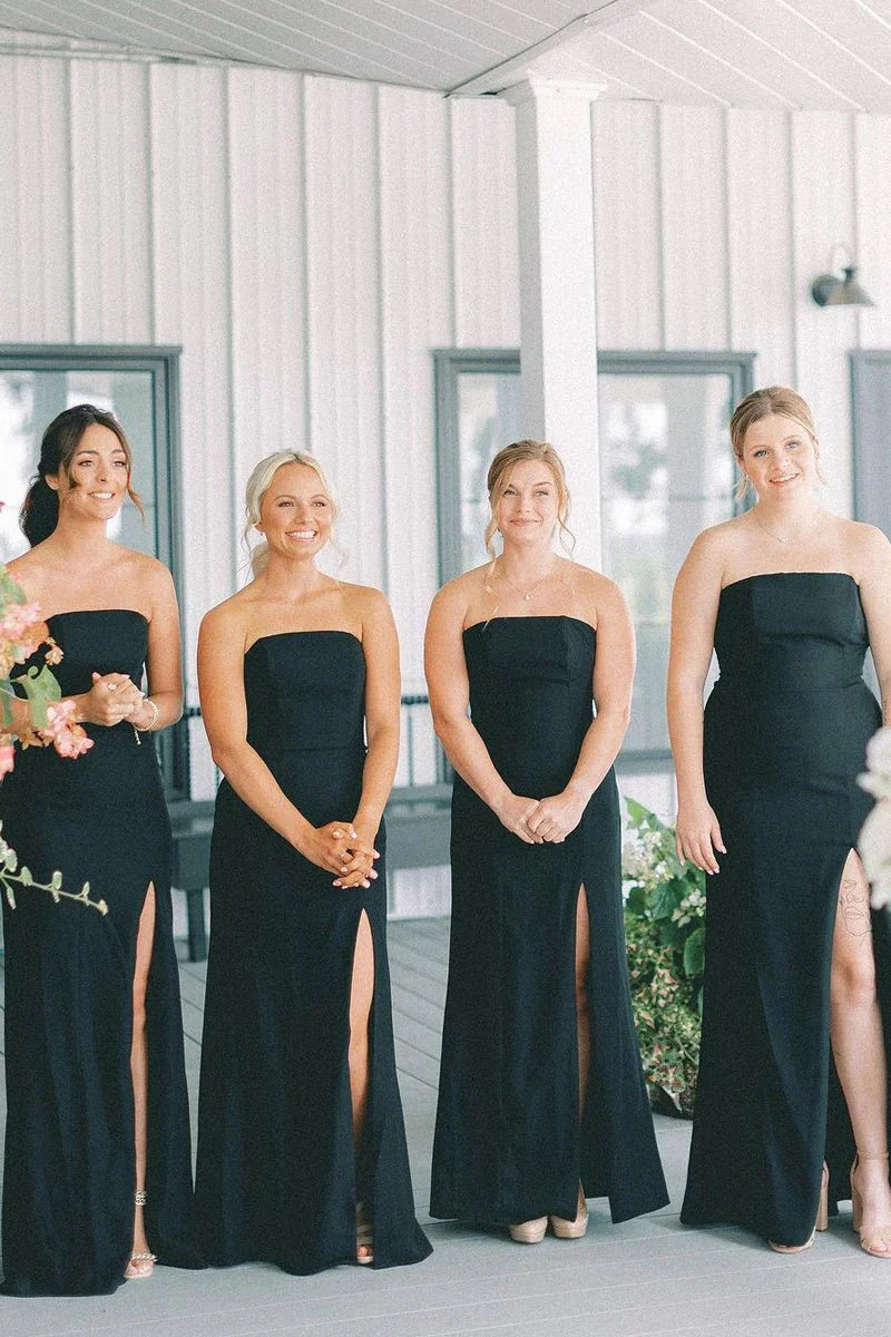 Black Strapless Long Bridesmaid Dresses with Slit