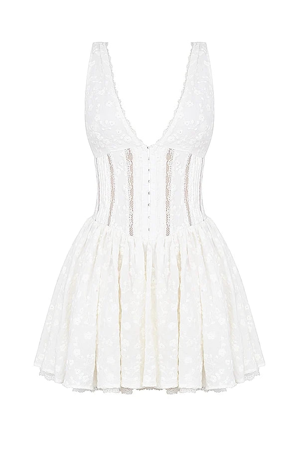 white cotton broderie anglais plunge mini dress