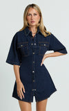 Leilani Mini Dress Denim Short Sleeve Button Up Dress with Gold Hardware in Indigo Denim