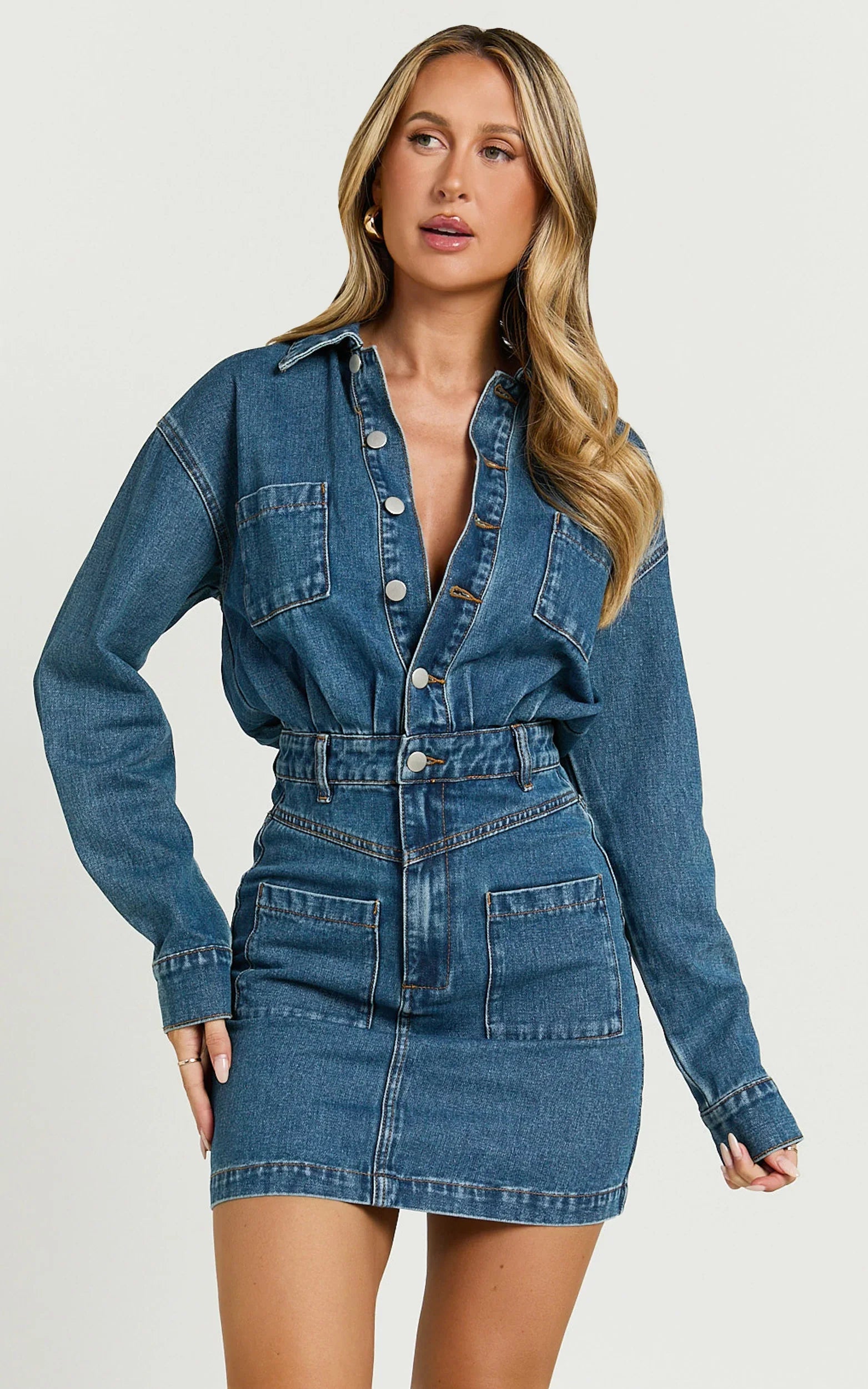 Kamala Mini Dress Long Sleeve Button Through Denim Dress in Dark Blue Wash