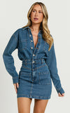Kamala Mini Dress Long Sleeve Button Through Denim Dress in Dark Blue Wash