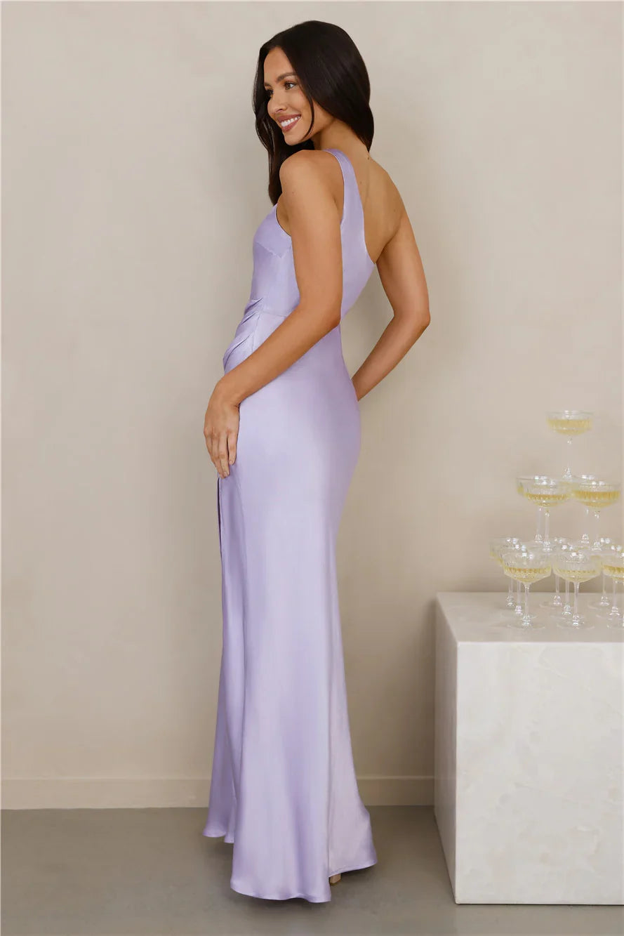 The Aurora One Shoulder Satin Maxi Dress Lilac