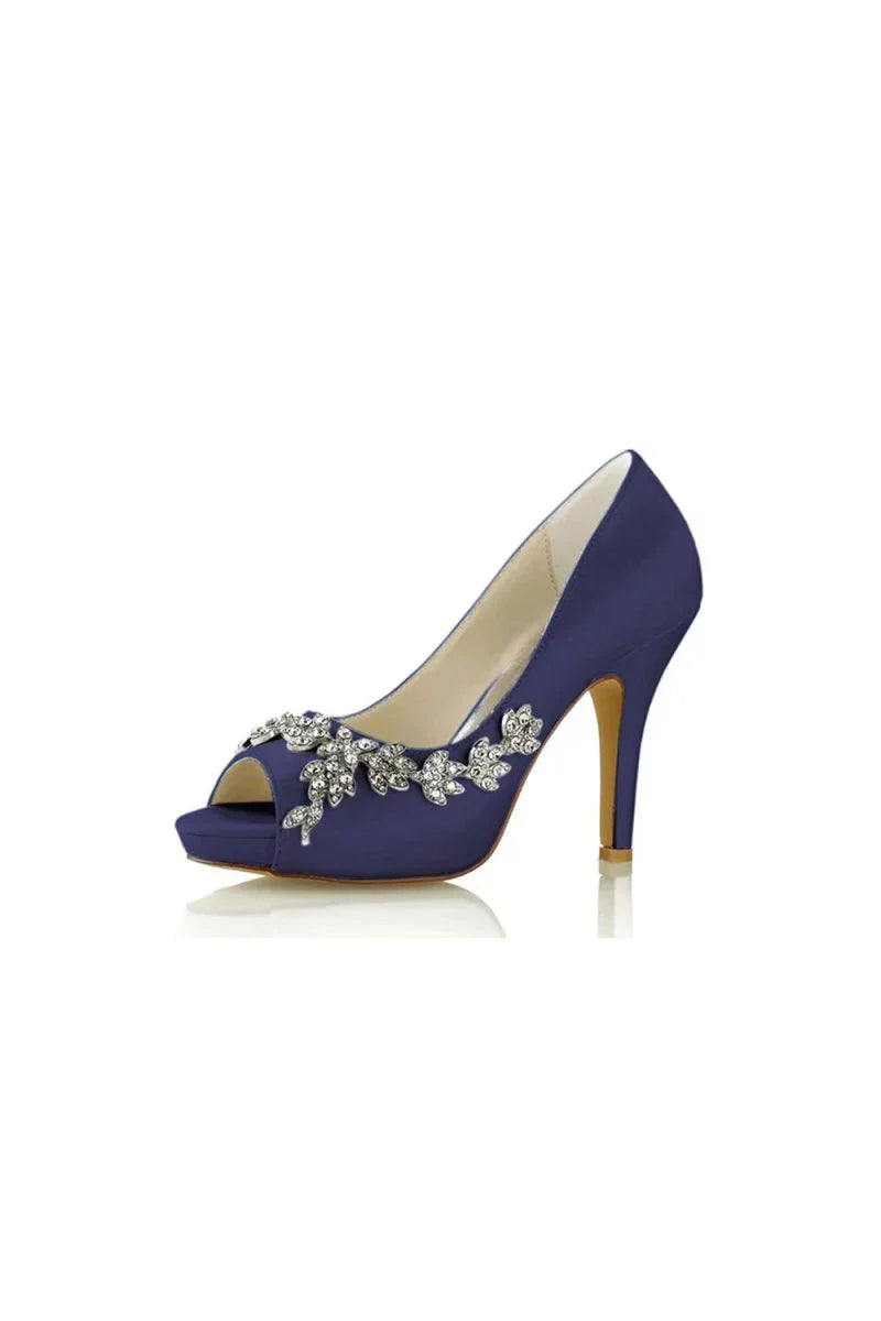 Champagne Satin Heels with Silver Metal Flower Ornament