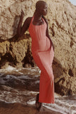 coral stretch mesh halter neck midi dress