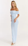 Caterina Maxi Ruched Off Shoulder Mesh Dress in Pale Blue