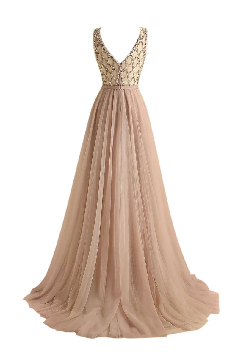 Sparkly Beaded Long Tulle Bridesmaid Prom Dress
