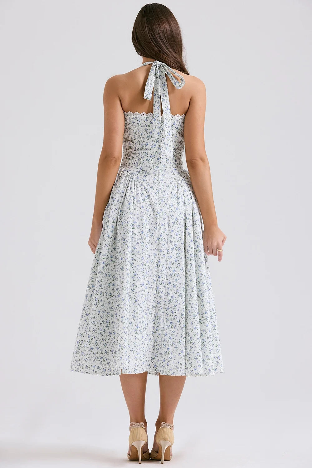 white bluebell print cotton halter sundress
