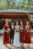 Sheath V Neck Rust Velvet Long Bridesmaid Dresses