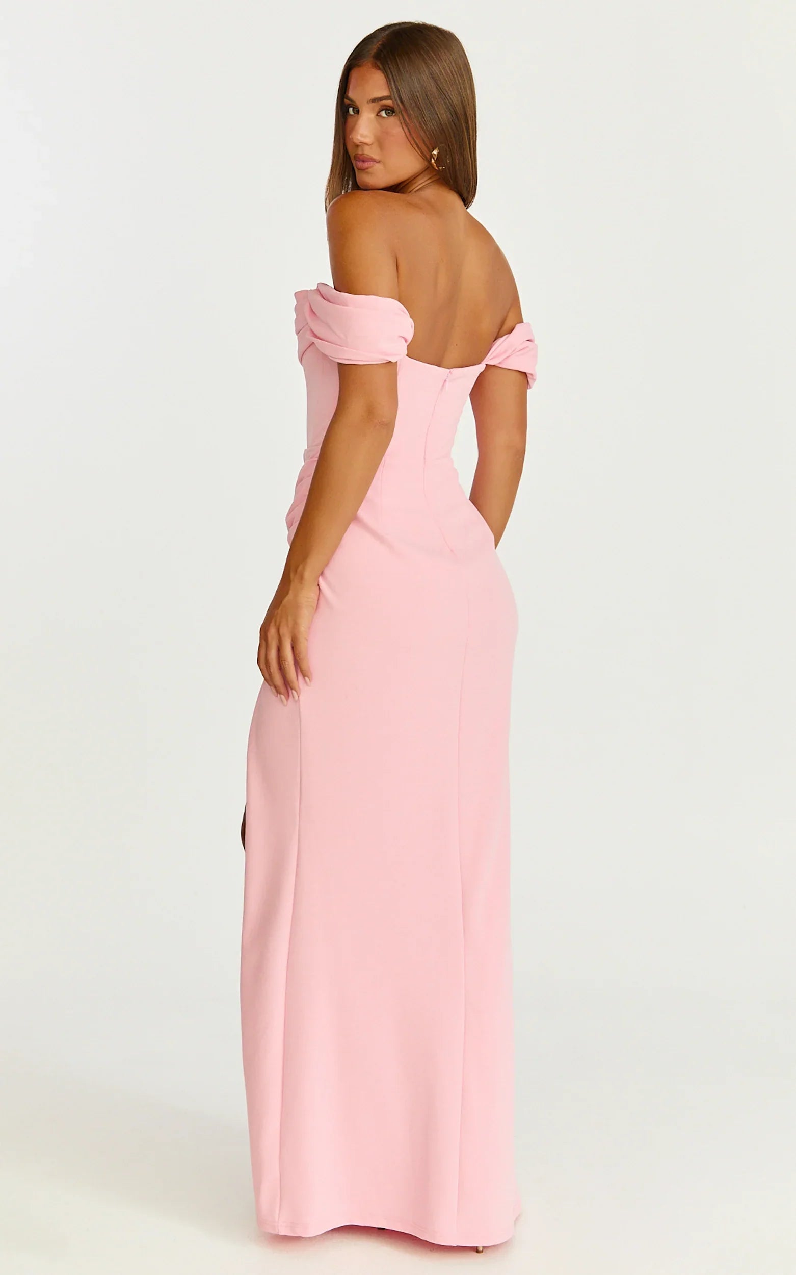 Marcel Maxi Dress Off Shoulder Corset High Split Dress in Pink