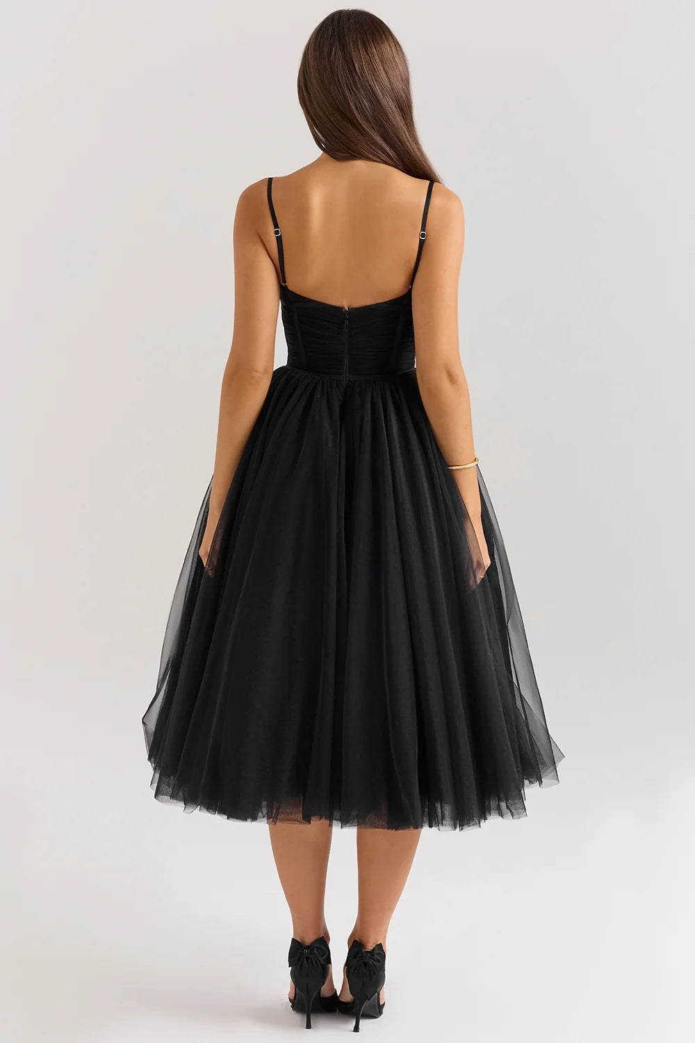 black tulle ruched bodice midi dress sale