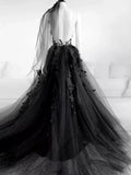 Sexy Black Lace Appliques Sleeveless Tulle Backless Wedding Dresses with Veil