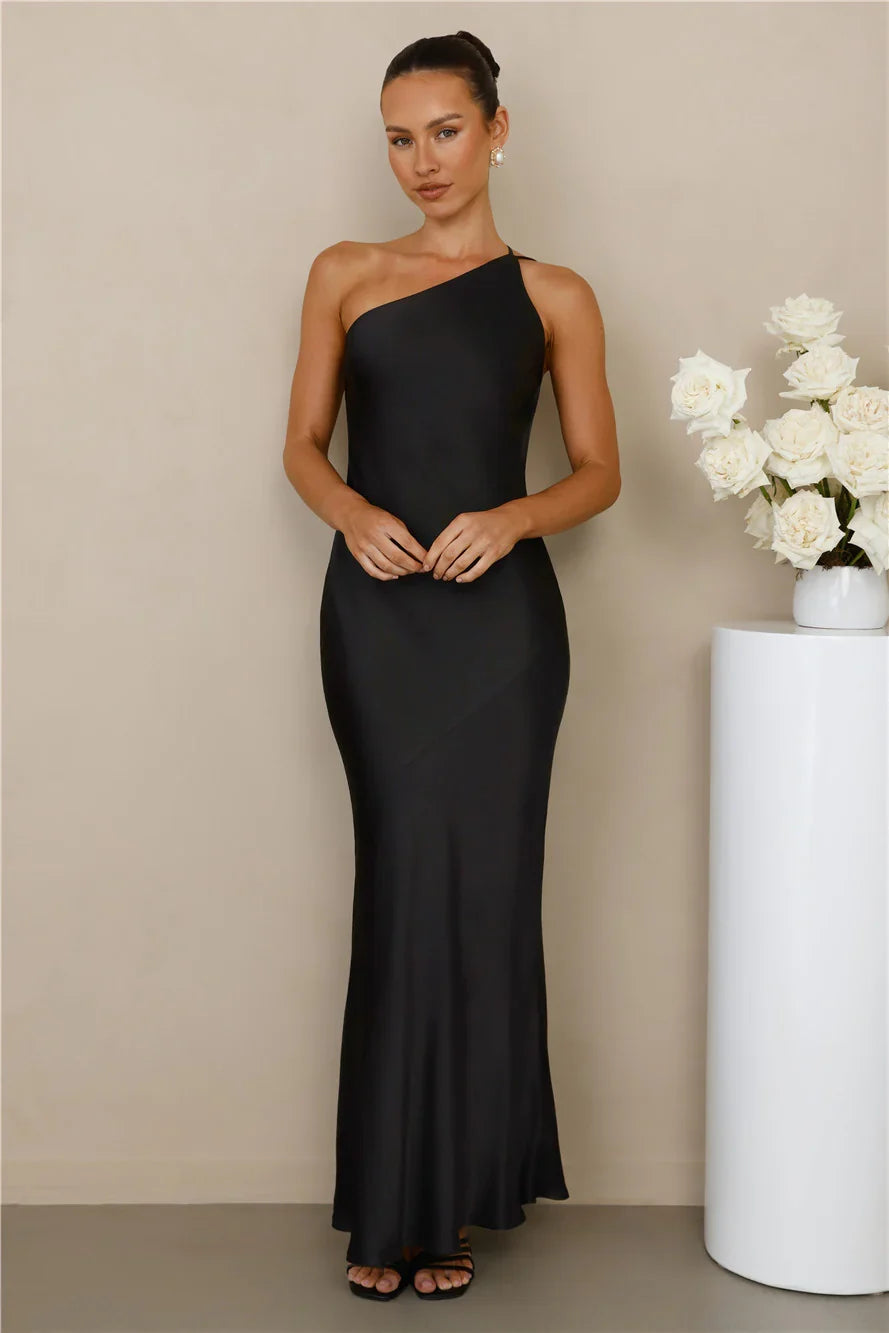 The Evangeline One Shoulder Satin Maxi Dress Black