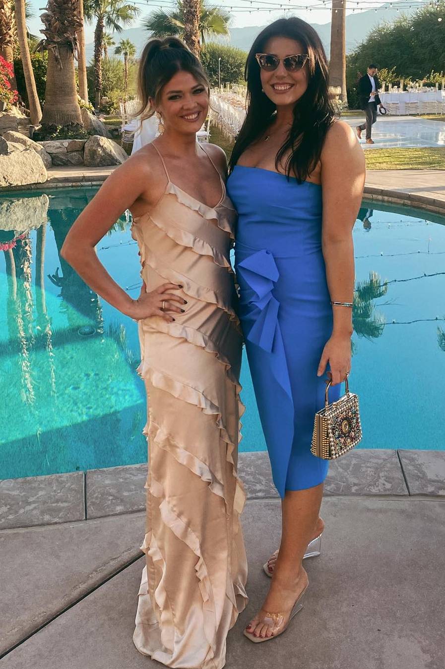 Straps Sheath Champagne Ruffle Maxi Bridesmaid Dress