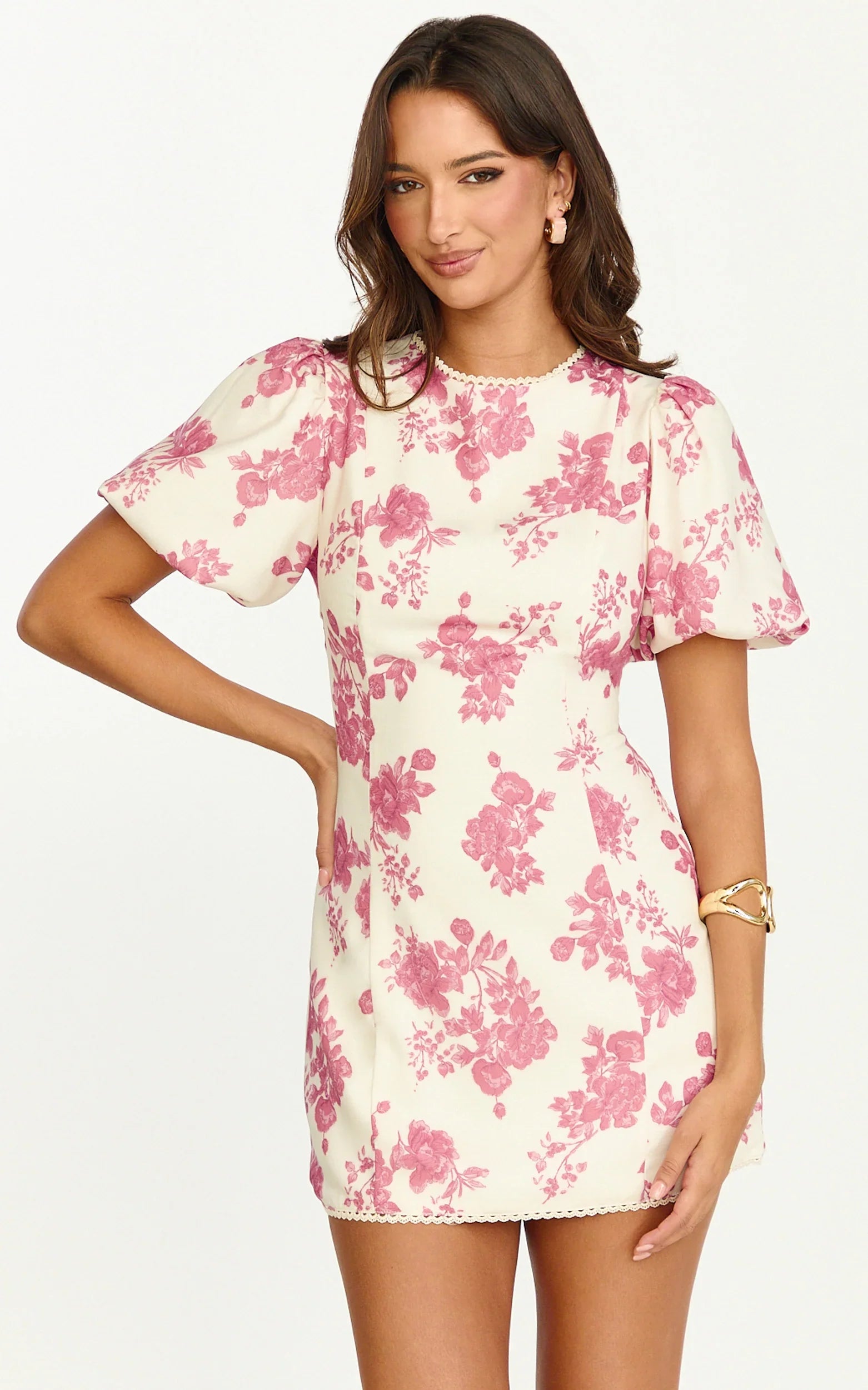 Lila Mini Dress High Neck Puff Sleeve Lace Back Fitted Dress in Toile De Joie Print