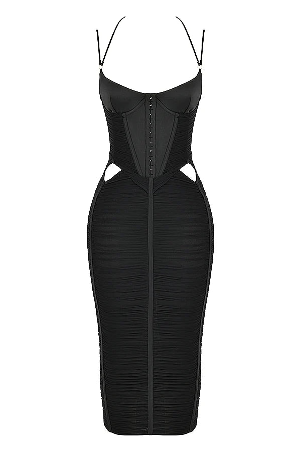 black ruched midi dress