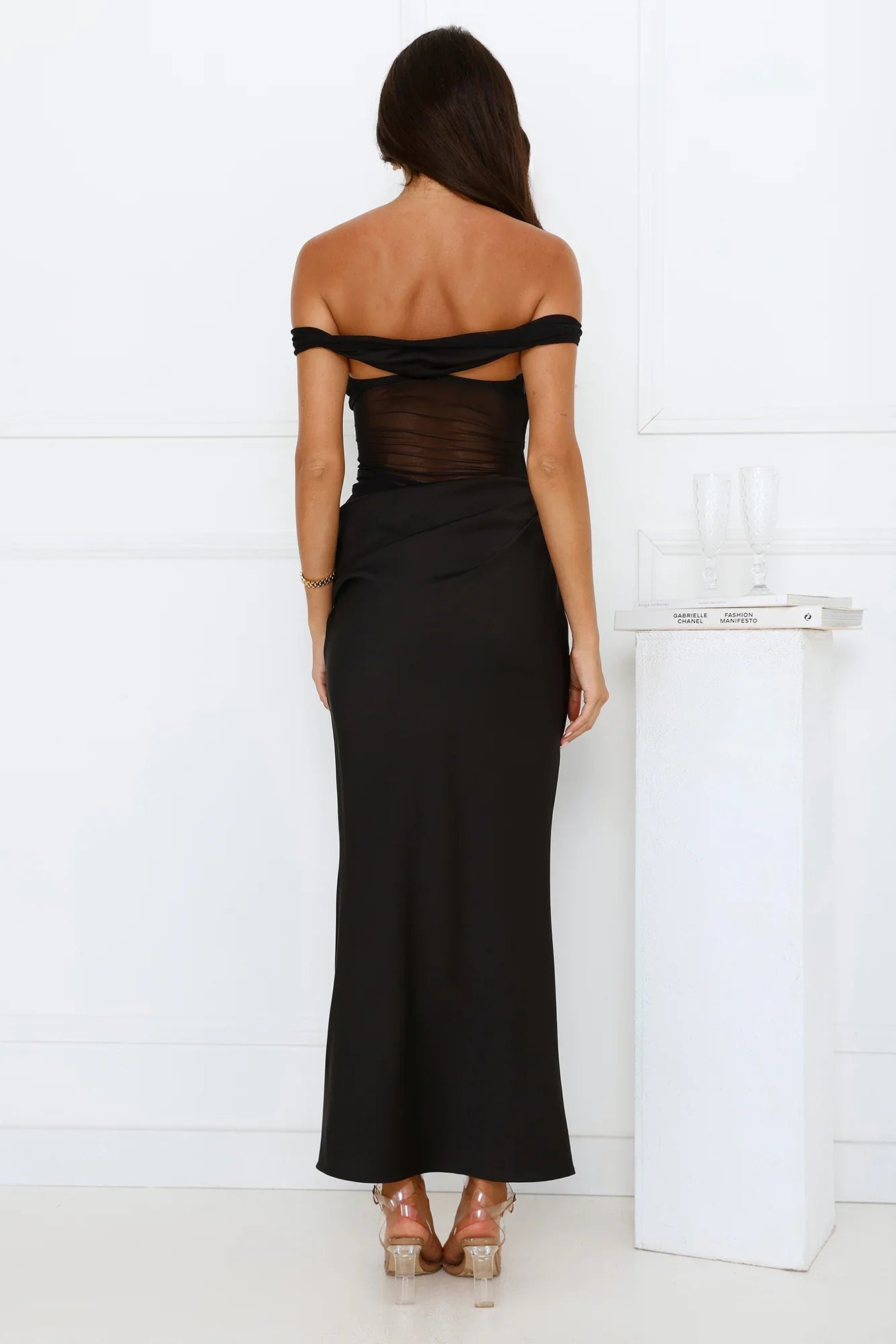 Silent Dreams Mesh Satin Off Shoulder Maxi Dress Black