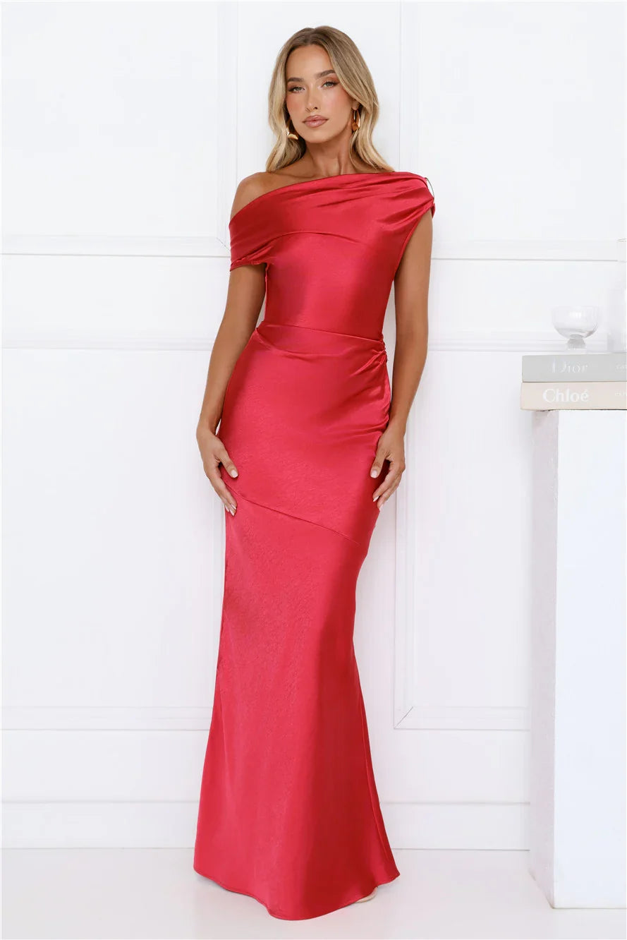 Shes A Dream Satin Off Shoulder Maxi Dress Red