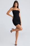 black gathered stretch mesh mini dress