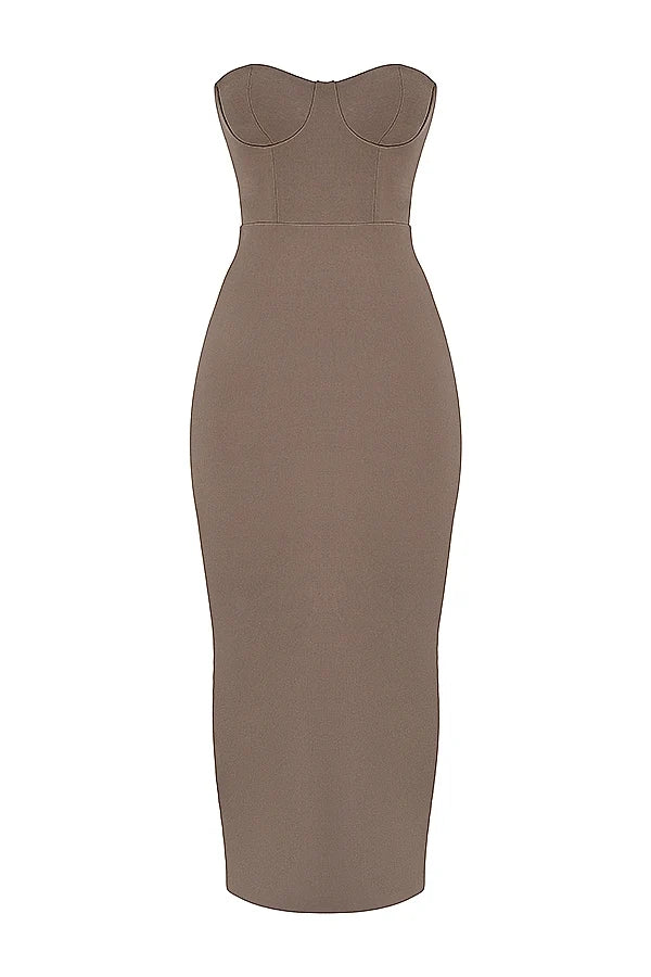 taupe strapless corset maxi dress
