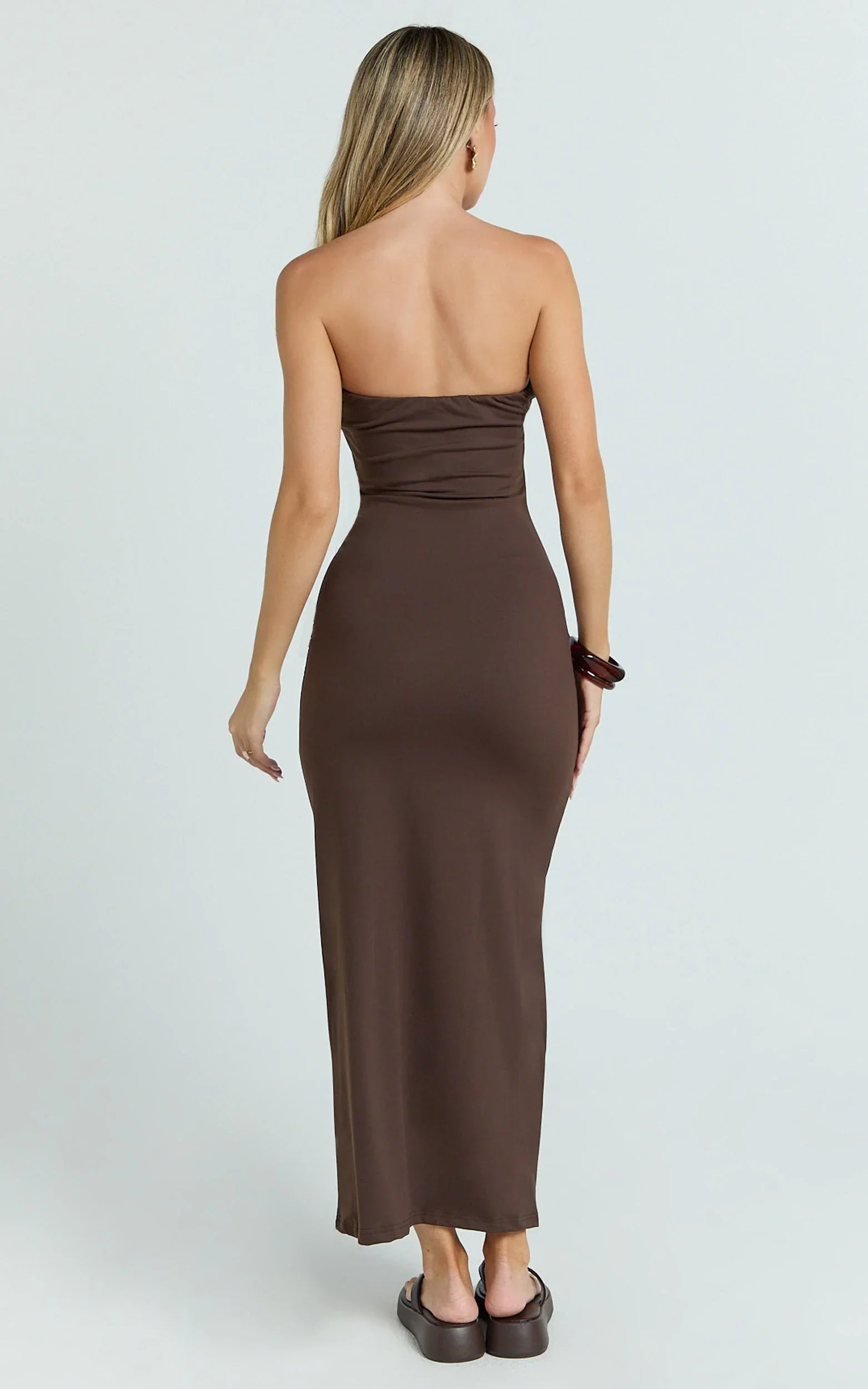 Natasha Midi Dress Strapless Ruched Column Dress in Chocolate