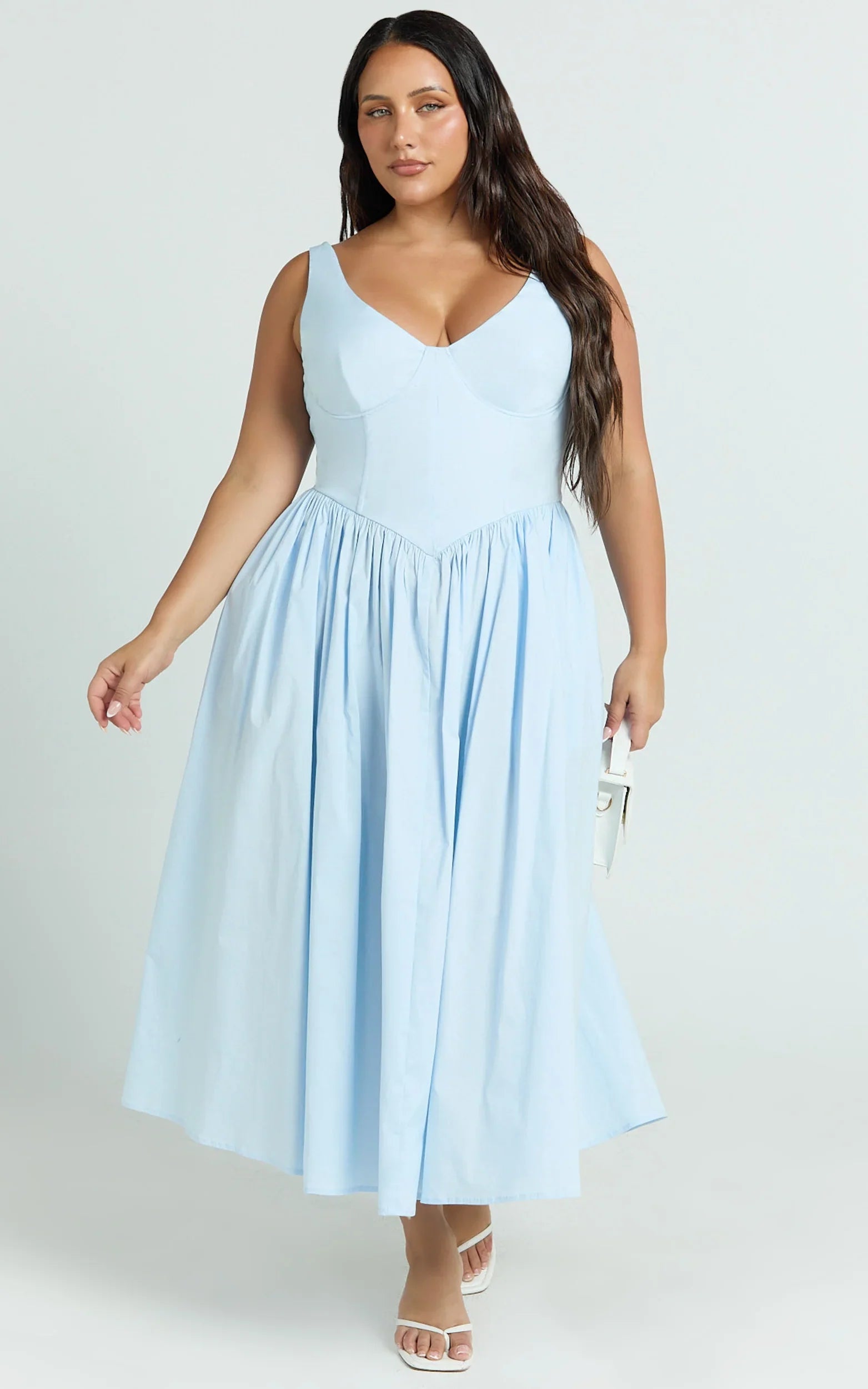 Beckett Midi Dress Scoop Neck Drop V Waist Gathered Skirt Dress in Blue