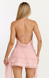Idris Mini Dress Cowl Neck Ruffle Skirt Dress in Soft Pink