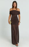 Alanna Maxi Dress Off Shoulder Ruched Mesh Dress in Chocolate