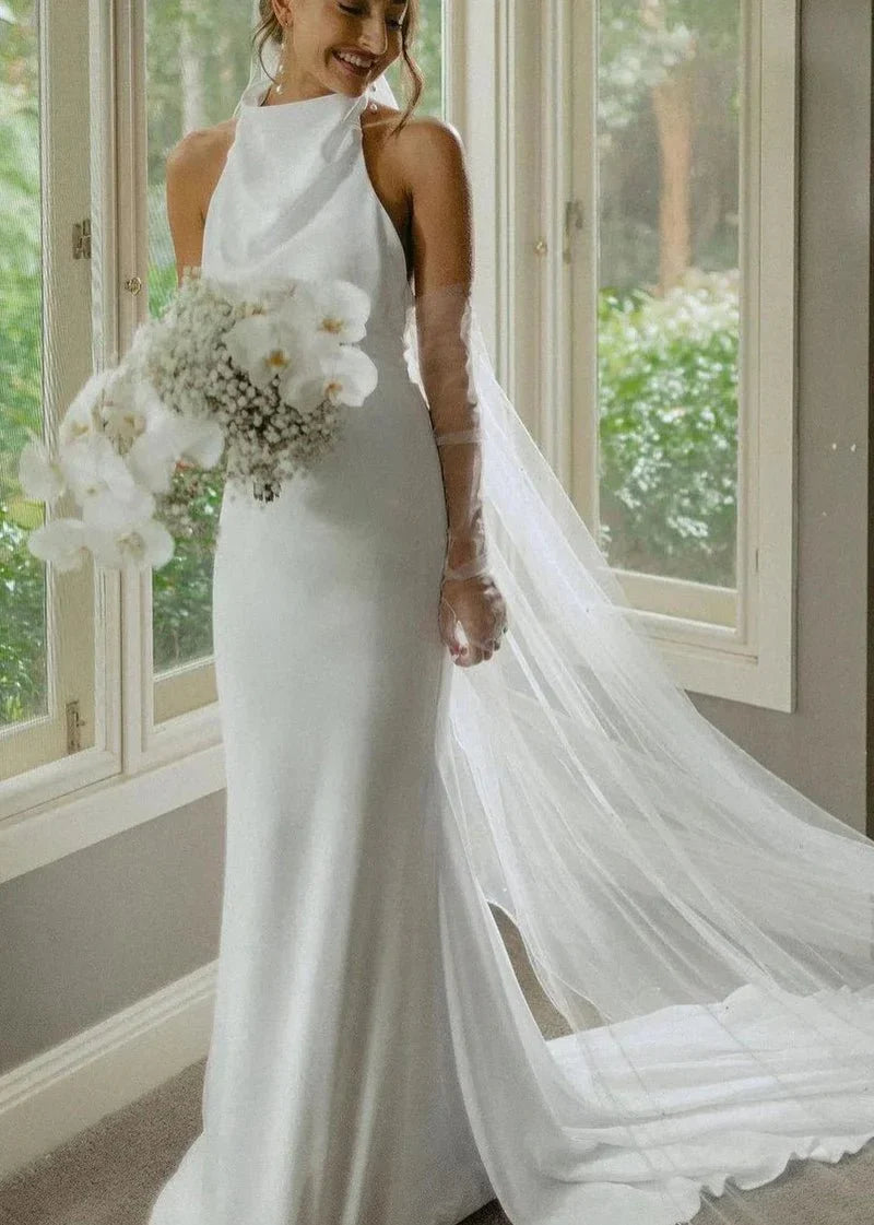 Elegant Mermaid White Halter Satin Wedding Dresses
