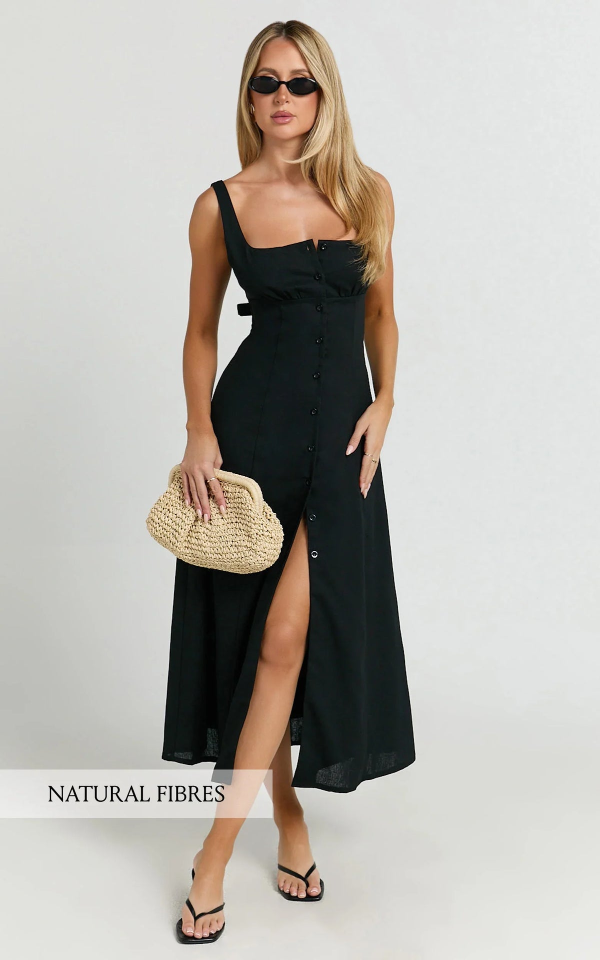 Cameron Midi Dress Button Front Tie Back Dress in Black