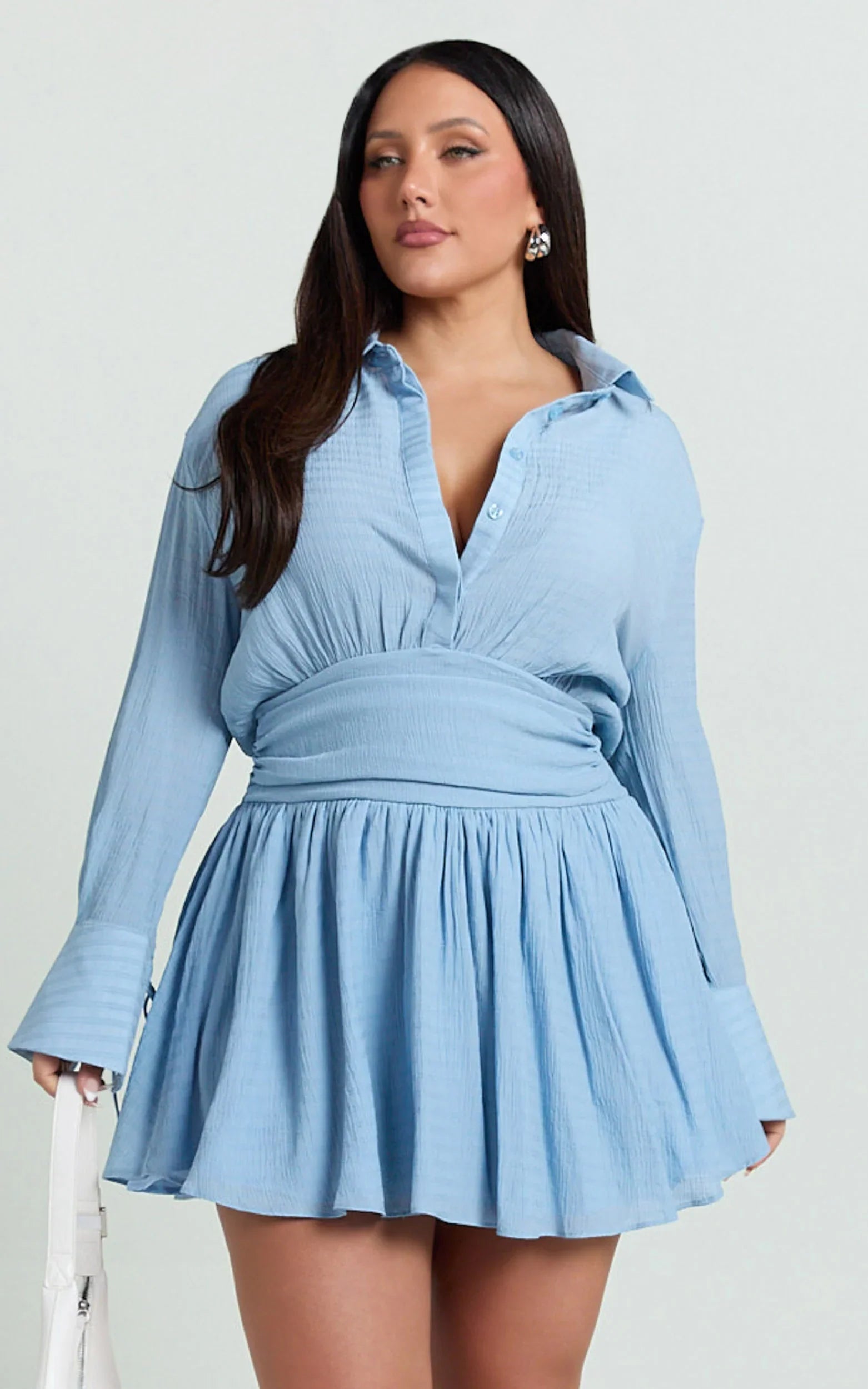 Valerie Mini Dress Collared Long Sleeve Waist Shirt Dress in Pale Blue