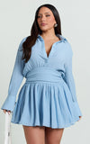 Valerie Mini Dress Collared Long Sleeve Waist Shirt Dress in Pale Blue