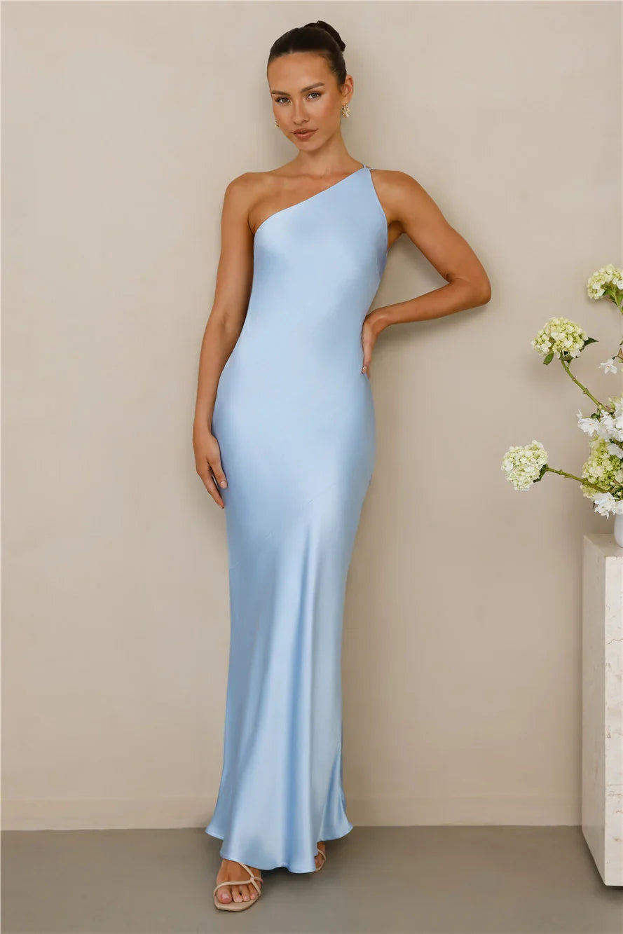 The Evangeline One Shoulder Satin Maxi Dress Blue