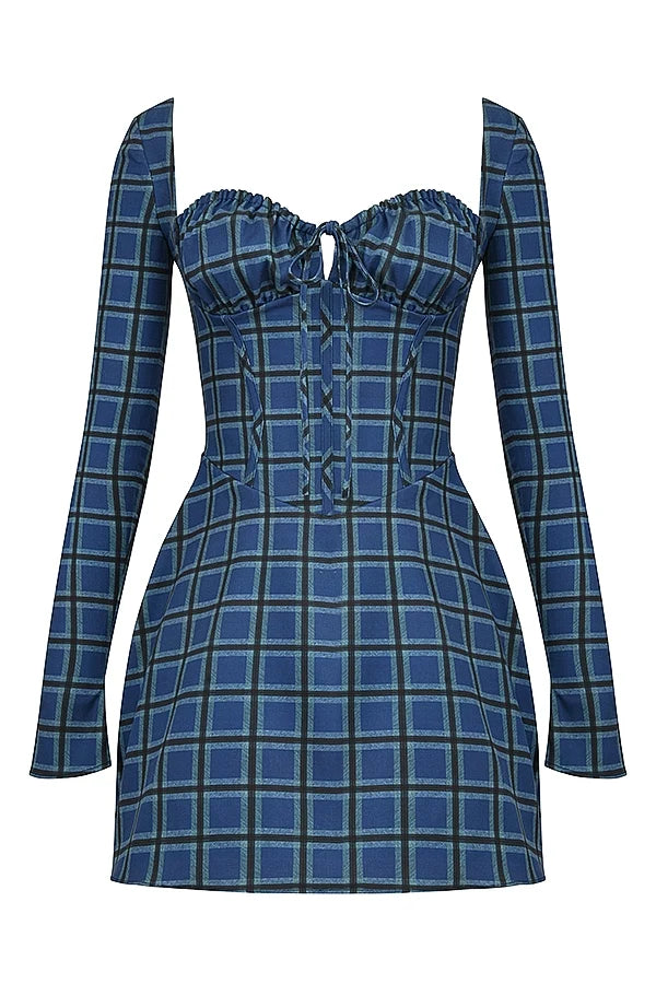 blue tartan corset mini dress